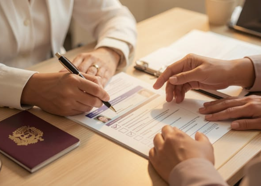 Visa application process with passport and travel documents